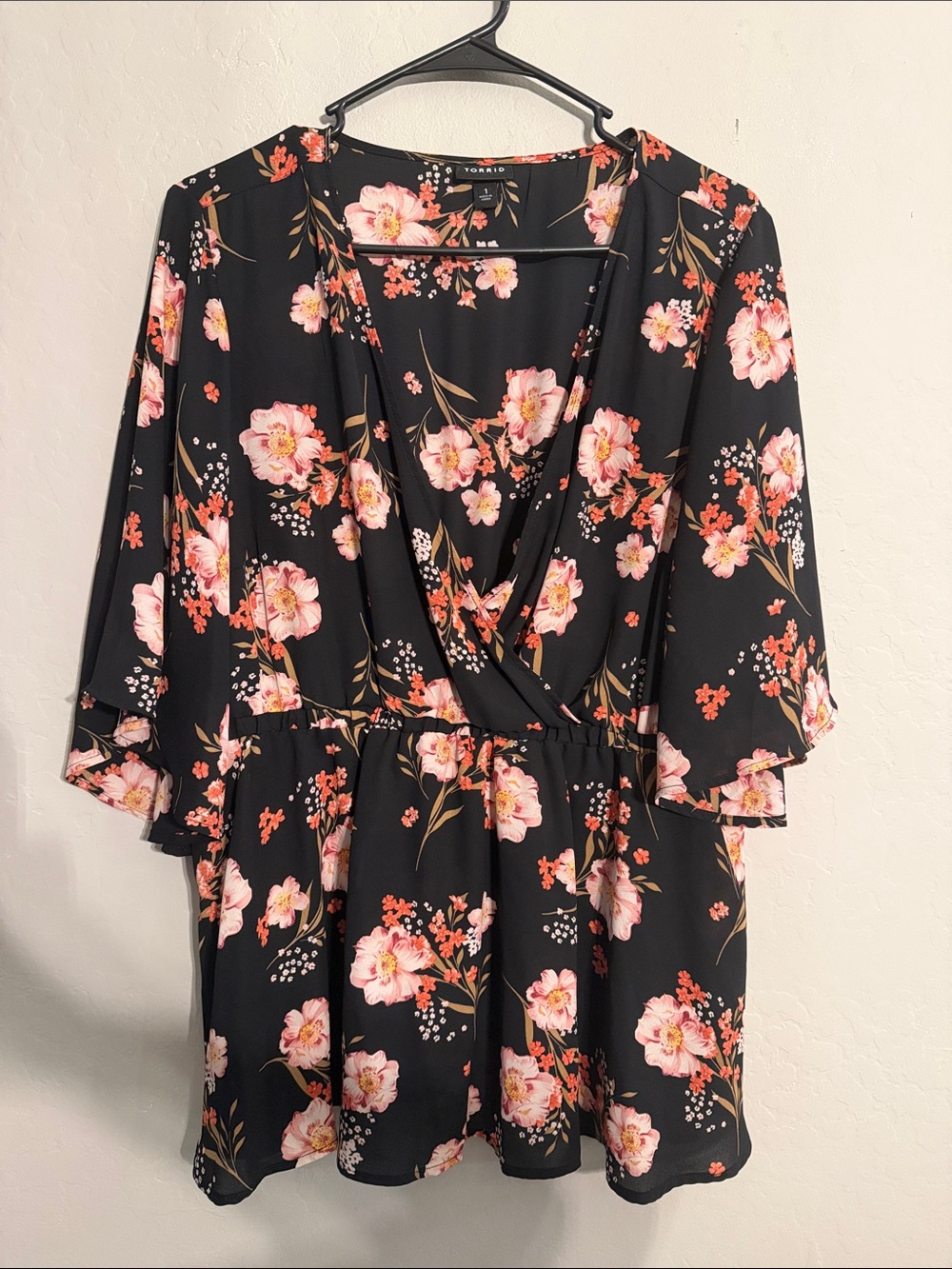 torrid Black Floral V-Neck blouse with Coral Blossoms